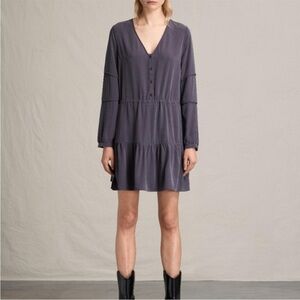 AllSaints Nora Dress Gray Tiered Button Front Long Shirt Sleeve Mini — Size 2